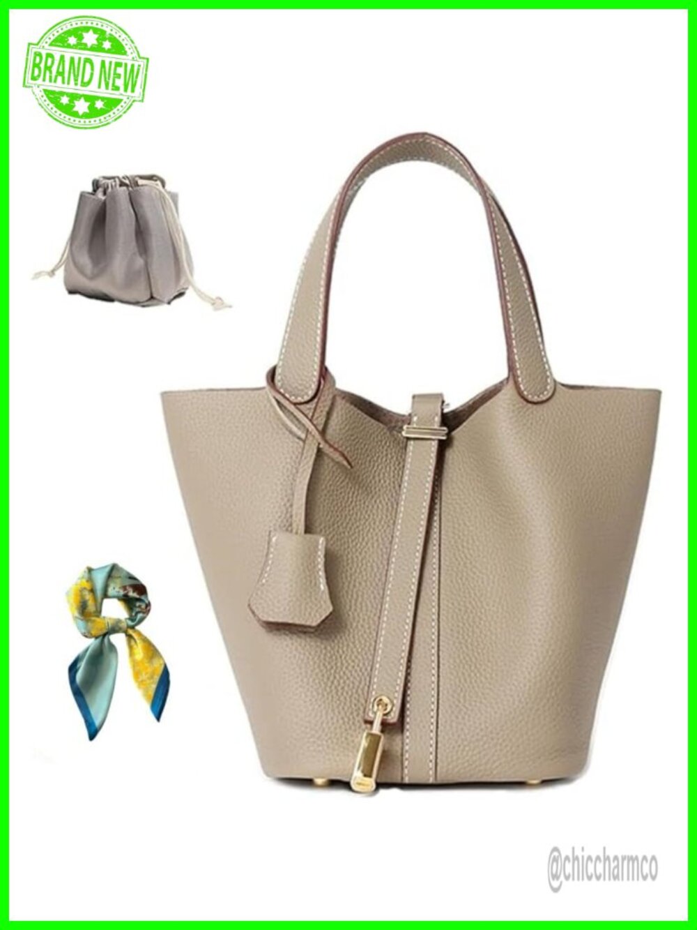 Genuine Leather Bucket Bag Women Lock Design Shoulder Handbag Top-Handle Tote